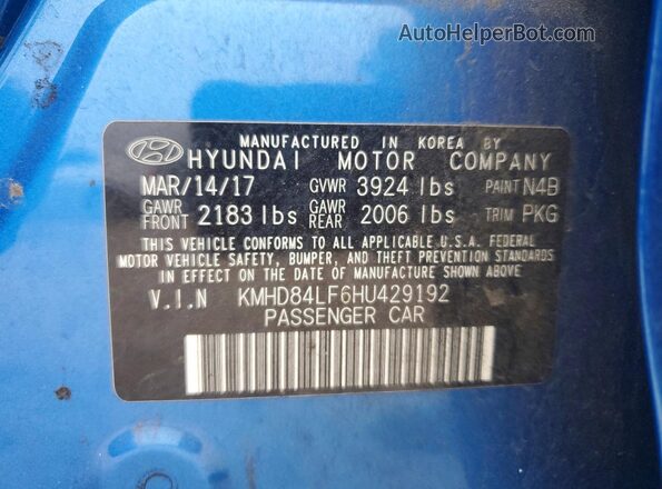 KMHD84LF6HU429192 2017 HYUNDAI ELANTRA Blue Vista de la etiqueta del VIN
