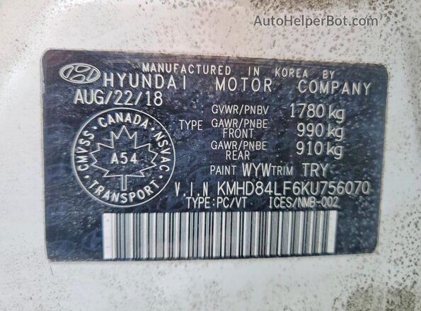 KMHD84LF6KU756070 2019 HYUNDAI ELANTRA White Շարժիչի բաժամունքի տեսք