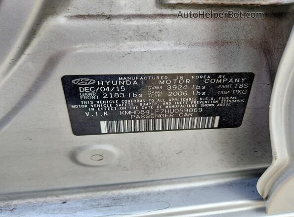 KMHD84LF7HU059869 2017 HYUNDAI ELANTRA Серебряный Вид наклейки с VIN-кодом