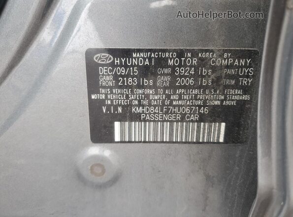 KMHD84LF7HU067146 2017 HYUNDAI ELANTRA Gray Widok komory silnika