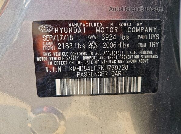 KMHD84LF7KU779728 2019 HYUNDAI ELANTRA Gray Շարժիչի բաժամունքի տեսք