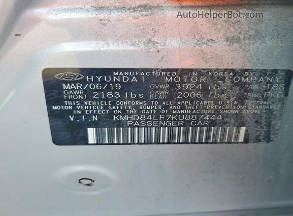 KMHD84LF7KU887444 2019 HYUNDAI ELANTRA Silver Widok naklejki z numerem VIN