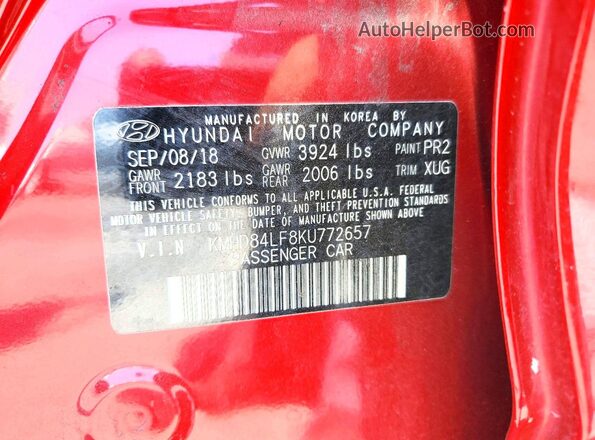KMHD84LF8KU772657 2019 HYUNDAI ELANTRA Red Vista de la etiqueta del VIN