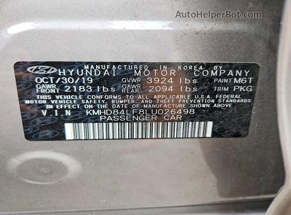 KMHD84LF8LU026498 2020 HYUNDAI ELANTRA Gray Vista del compartimento del motor