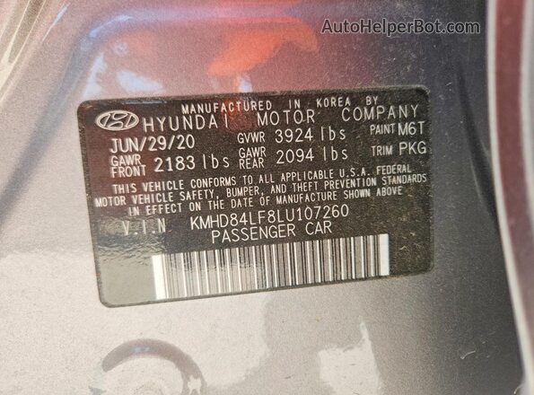 KMHD84LF8LU107260 2020 HYUNDAI ELANTRA Gray Շարժիչի բաժամունքի տեսք