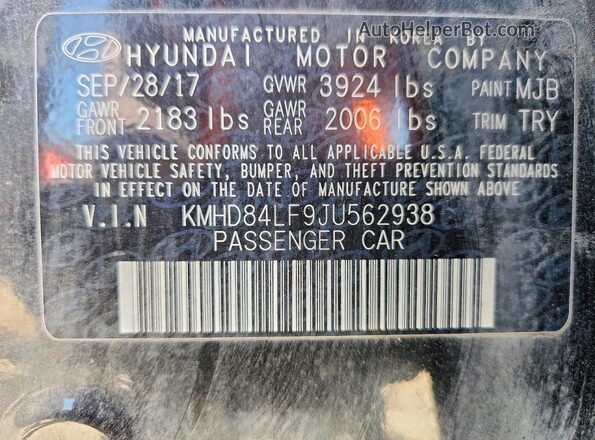 KMHD84LF9JU562938 2018 HYUNDAI ELANTRA Blue VIN կոդի պիտակի տեսք