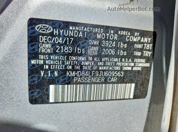 KMHD84LF9JU609563 2018 HYUNDAI ELANTRA Silver VIN კოდის სტიკერის ხედი