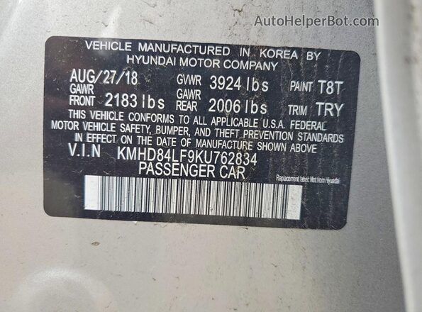 KMHD84LF9KU762834 2019 HYUNDAI ELANTRA Silver VIN sticker view