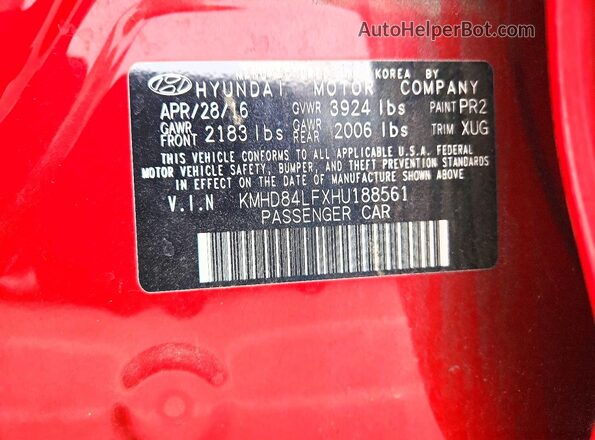 KMHD84LFXHU188561 2017 HYUNDAI ELANTRA Red Widok komory silnika
