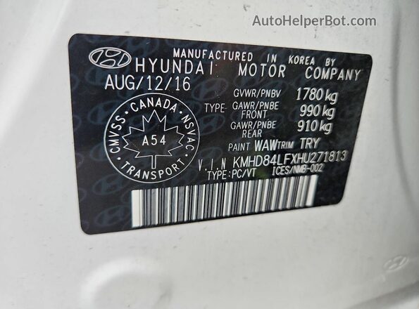 KMHD84LFXHU271813 2017 HYUNDAI ELANTRA White Engine compartment view