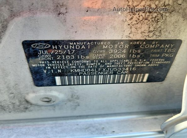 KMHD84LFXJU533416 2018 HYUNDAI ELANTRA Серебряный Вид наклейки с VIN-кодом