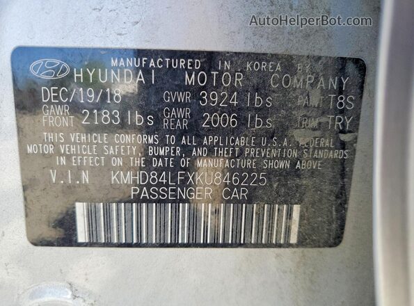 KMHD84LFXKU846225 2019 HYUNDAI ELANTRA Silver Вид наклейки з VIN-кодом