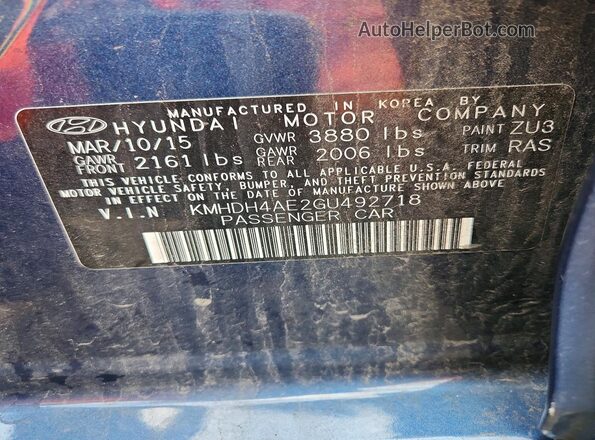 KMHDH4AE2GU492718 2016 HYUNDAI ELANTRA Blue ძრავის განყოფილების ხედი