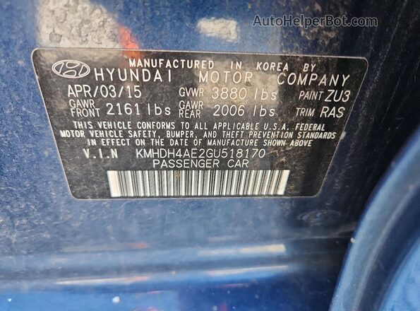KMHDH4AE2GU518170 2016 HYUNDAI ELANTRA Blue Engine compartment view