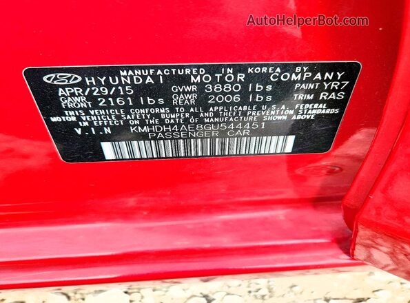 KMHDH4AE8GU544451 2016 HYUNDAI ELANTRA Red ძრავის განყოფილების ხედი