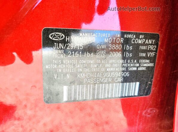 KMHDH4AE9GU594906 2016 HYUNDAI ELANTRA Red Engine compartment view