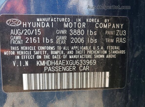 KMHDH4AEXGU633969 2016 HYUNDAI ELANTRA Blue ძრავის განყოფილების ხედი