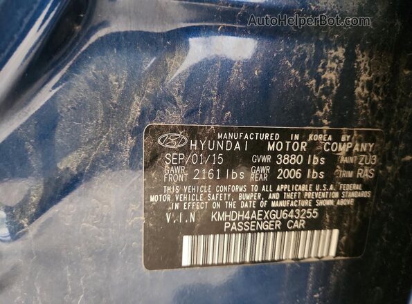 KMHDH4AEXGU643255 2016 HYUNDAI ELANTRA Blue Engine compartment view