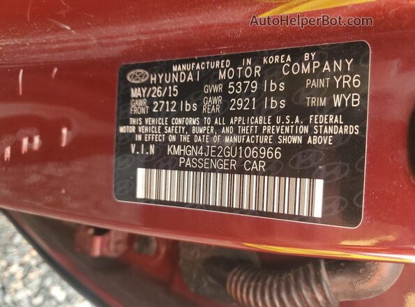 KMHGN4JE2GU106966 2016 HYUNDAI GENESIS Burgundy Vista del compartimento del motor