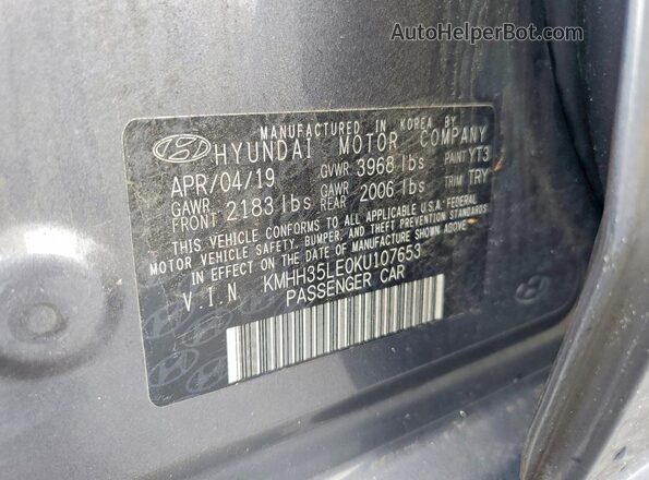 KMHH35LE0KU107653 2019 HYUNDAI ELANTRA Charcoal ძრავის განყოფილების ხედი
