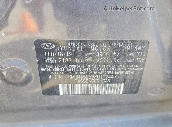 KMHH35LE5KU102447 2019 HYUNDAI ELANTRA Gray Widok naklejki z numerem VIN
