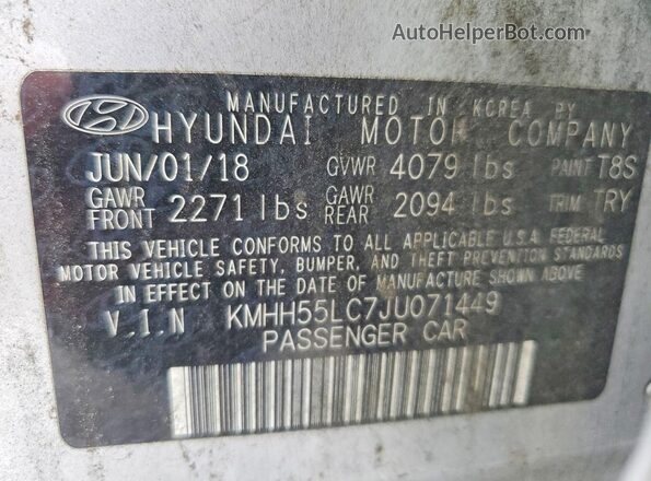 KMHH55LC7JU071449 2018 HYUNDAI ELANTRA Silver სალონის 360-გრადუსიანი ხედი