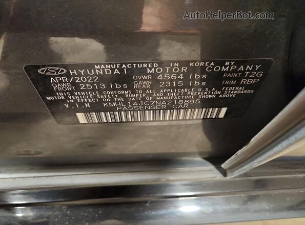 KMHL14JC7NA218895 2022 HYUNDAI SONATA Gray Vista de la etiqueta del VIN