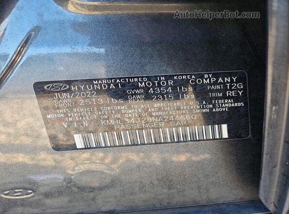 KMHL34J29NA244660 2022 HYUNDAI SONATA Gray VIN sticker view