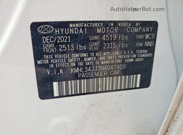 KMHL34JJ3NA047409 2022 HYUNDAI SONATA White Engine compartment view