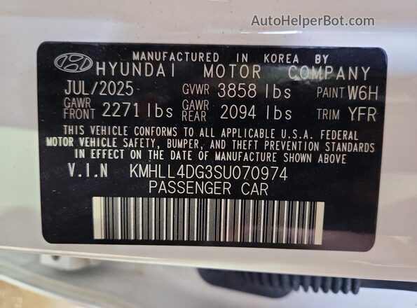 KMHLL4DG3SU070974 2025 HYUNDAI ELANTRA Белый Вид наклейки с VIN-кодом