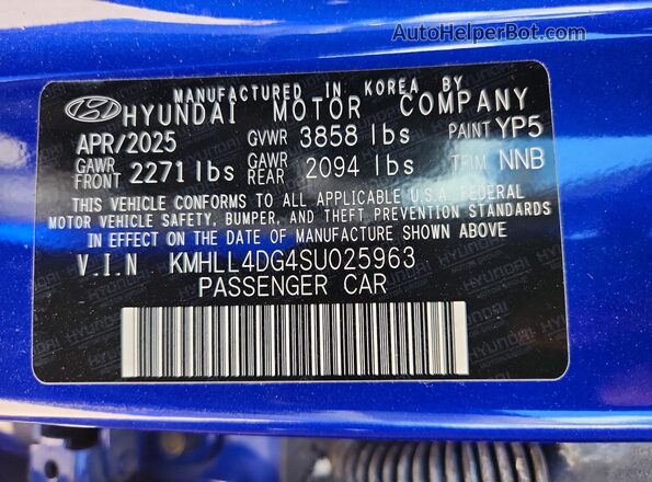 KMHLL4DG4SU025963 2025 HYUNDAI ELANTRA Blue ძრავის განყოფილების ხედი