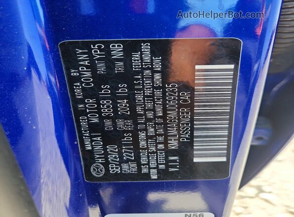 KMHLM4AG9MU069235 2021 HYUNDAI ELANTRA Blue Вид підкапотного простору