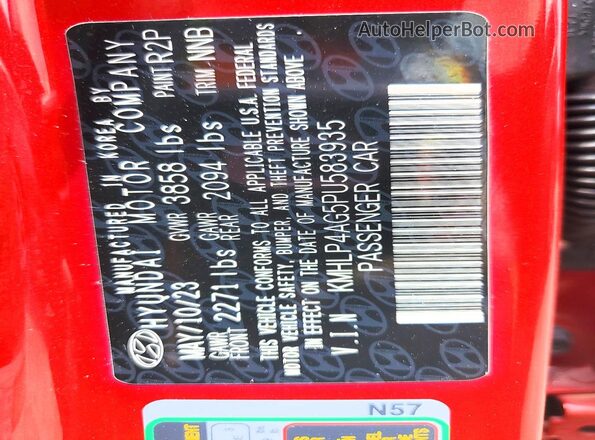 KMHLP4AG5PU583935 2023 HYUNDAI ELANTRA Red VIN კოდის სტიკერის ხედი