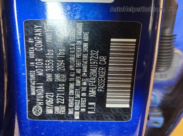 KMHLP4AG8MU197232 2021 HYUNDAI ELANTRA Blue ძრავის განყოფილების ხედი