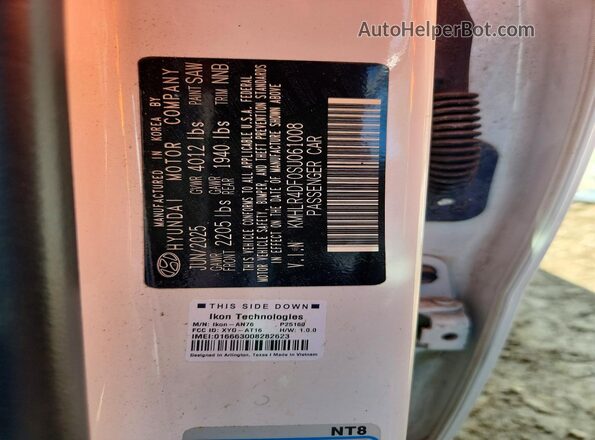 KMHLR4DF0SU061008 2025 HYUNDAI ELANTRA Белый Вид наклейки с VIN-кодом