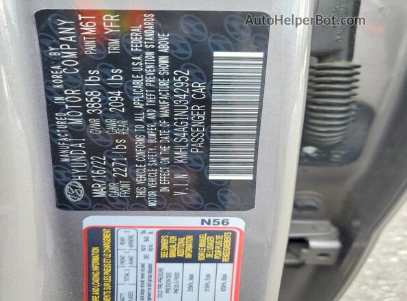 KMHLS4AG1NU342952 2022 HYUNDAI ELANTRA Gray VIN կոդի պիտակի տեսք