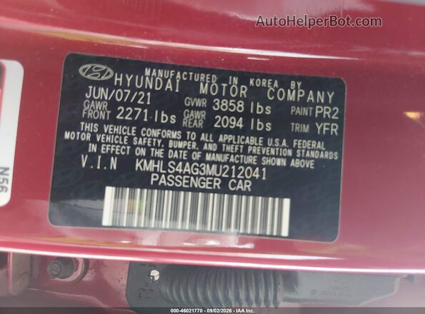 KMHLS4AG3MU212041 2021 HYUNDAI ELANTRA Red Widok komory silnika