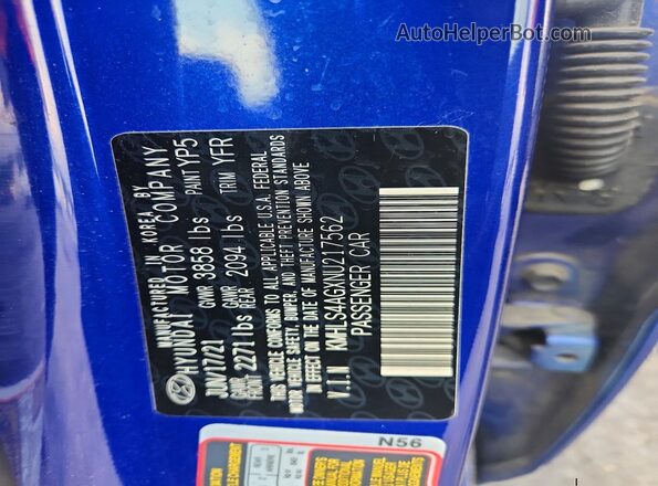 KMHLS4AGXNU217562 2022 HYUNDAI ELANTRA Blue Engine compartment view