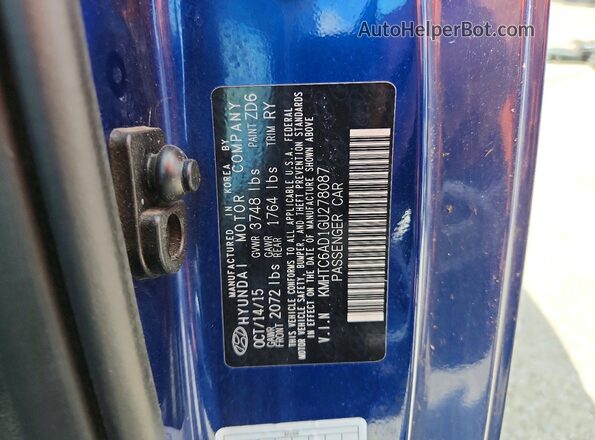 KMHTC6AD1GU278087 2016 HYUNDAI VELOSTER Синий Вид подкапотного пространства