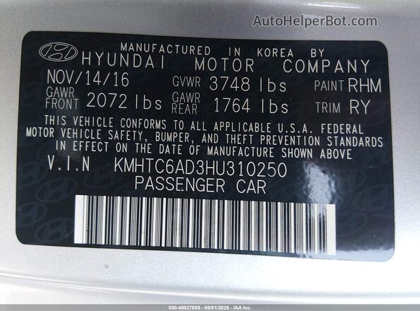 KMHTC6AD3HU310250 2017 HYUNDAI VELOSTER Silver Widok komory silnika
