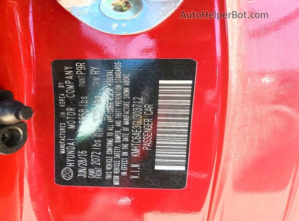 KMHTC6AE3GU303712 2016 HYUNDAI VELOSTER Red Вид наклейки з VIN-кодом