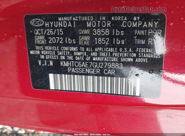 KMHTC6AE7GU279883 2016 HYUNDAI VELOSTER Red ძრავის განყოფილების ხედი