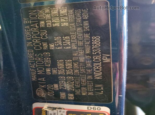 KNDCB3LC6L5376868 2020 KIA NIRO Blue Vista interior de 360 grados