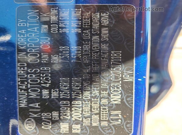 KNDCE3LC2J5171181 2018 KIA NIRO Blue Vista de la etiqueta del VIN