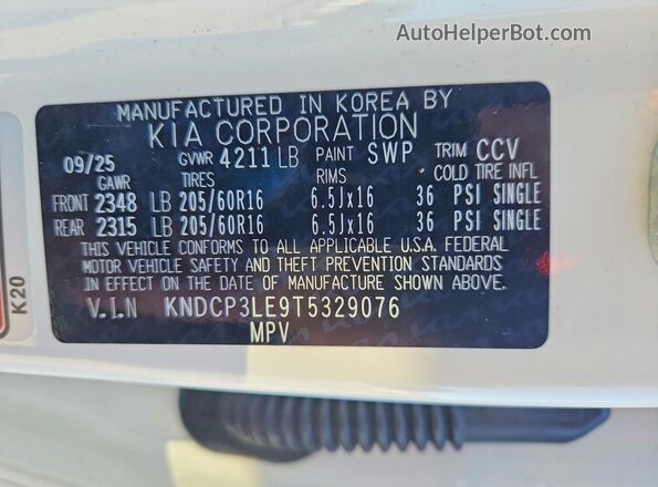 KNDCP3LE9T5329076 2026 KIA NIRO White Widok naklejki z numerem VIN