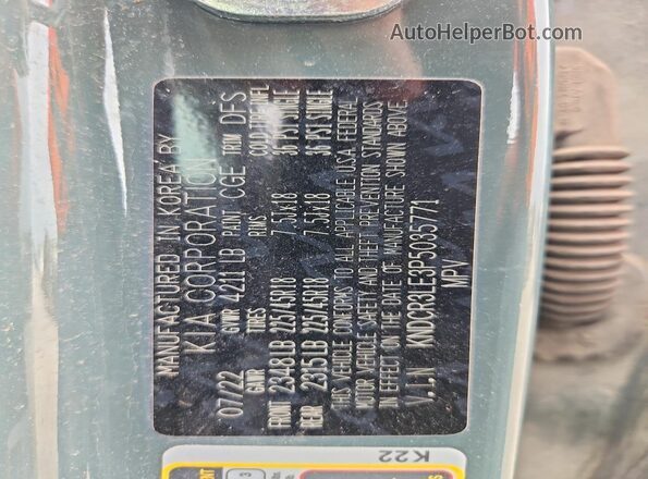 KNDCR3LE3P5035771 2023 KIA NIRO Gray VIN კოდის სტიკერის ხედი