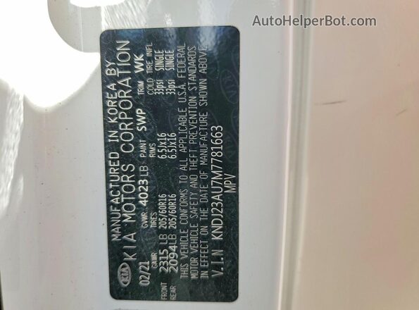 KNDJ23AU7M7781663 2021 KIA SOUL White Vista del compartimento del motor