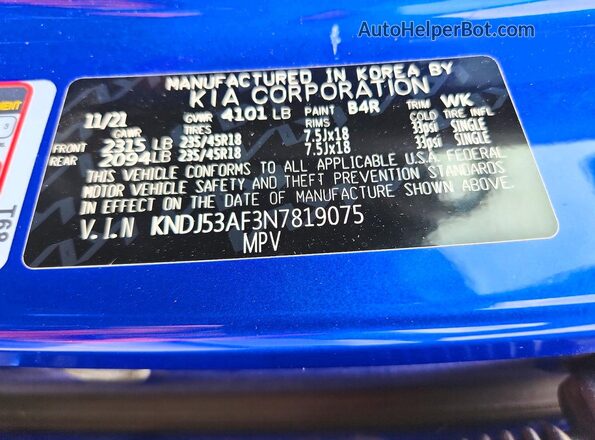 KNDJ53AF3N7819075 2022 KIA SOUL Blue VIN კოდის სტიკერის ხედი