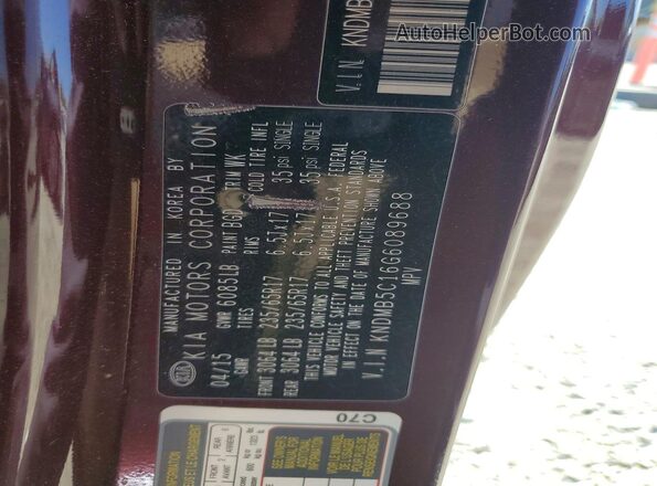 KNDMB5C16G6089688 2016 KIA SEDONA Maroon Вид наклейки з VIN-кодом