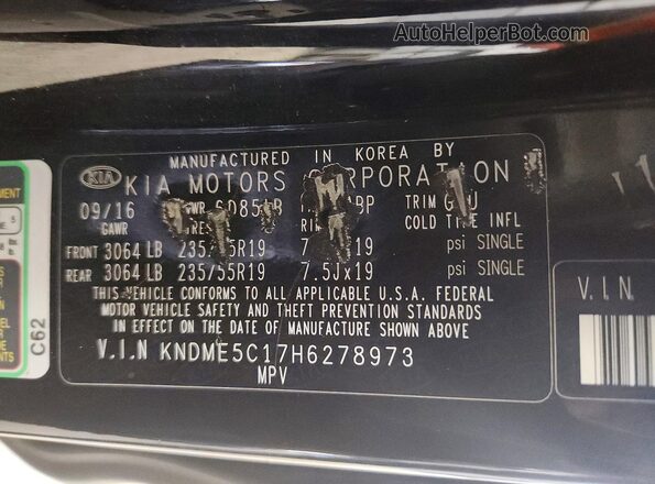 KNDME5C17H6278973 2017 KIA SEDONA Black VIN კოდის სტიკერის ხედი